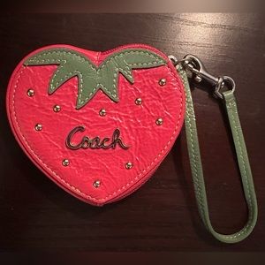 Coach Strawberry Heart Shaped Zip Coin Wristlet Key Chain Rare HTF Silver